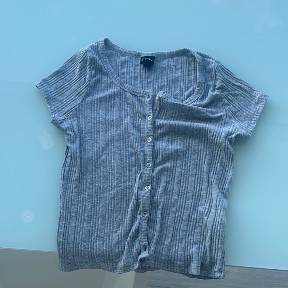 Gray Button-Up Ribbed Top